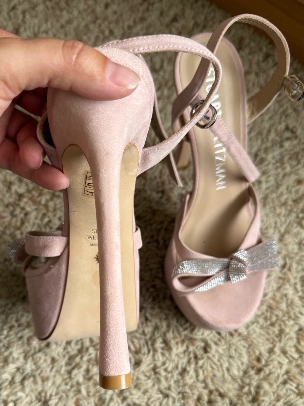 Stuart Weitzman Mega Bow Platform Heels Sandals crystal Pink suede Size 7 - Picture 14 of 16
